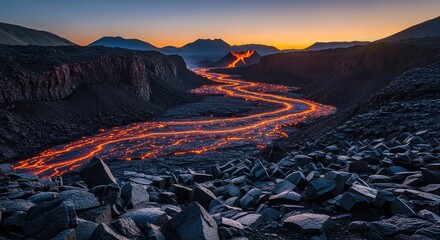 Naklejka premium A wide expanse of a jagged volcanic valley featuring cooling black basalt rock and distant glowing rivers of molten orange lava at dusk, geology, smoke, molten