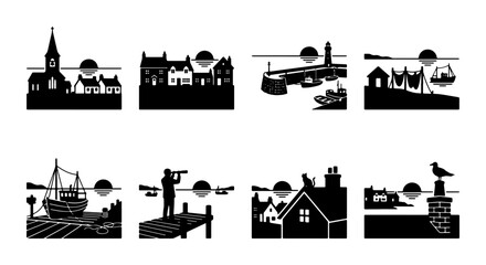 Obraz premium Coastal Village Silhouettes, Seaside Town Scenes, Nautical Village Icons, Maritime Village Graphics, Black and White Vector Art Collection