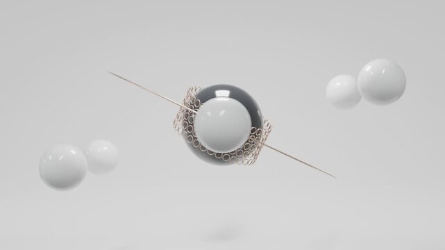 Elegant White Abstract Environment with Black Sphere and Golden Geometric Details, Modern Minimal 3D Motion Background, Luxury Seamless Animation for Creative Projects