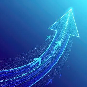 Abstract digital art illustrating exponential financial growth with upward arrows and translucent data layers in a modern blue palette, upward, finance, graph