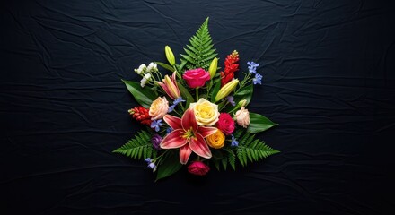 Fototapeta premium An intricate composition of colorful blossoms and lush green leaves creates a bold contrast against a deep dark solid black textile backdrop, blossoming., aesthetic, botanical