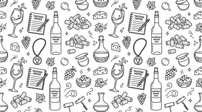 Wine Tasting Seamless Pattern Background with Bottles Glasses Corks Grapes Cheese and Notes Doodle Icons for Festival Menus Fabrics and Wrapping Papers