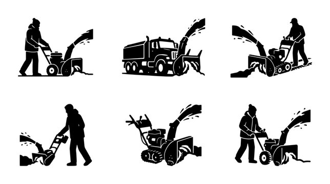 Snow Blower Icons Set, Winter Snow Removal Equipment Vector Graphics, Machine Operations and Maintenance Illustrations