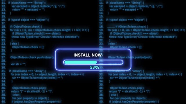 Dynamic software installation progress bar overlaying complex blue programming code background, for tech tutorials, cyber security presentations, digital development projects, and futuristic ui