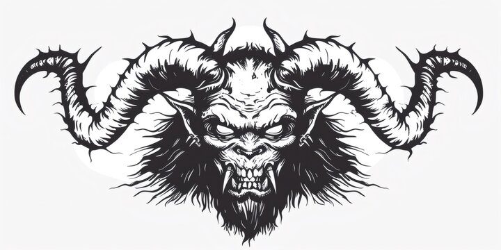 Demonic monster head with horns and sharp teeth