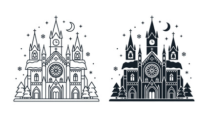 Gothic Church Winter Scene: A striking gothic church, adorned with snow-covered rooftops and festive fir trees, stands beneath a crescent moon and twinkling stars, evoking a magical winter wonderland. © jannatul