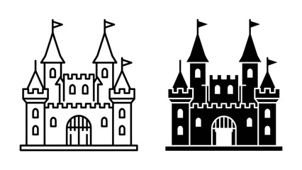 Castle Icon Set: A graphic illustration showcasing two stylized castle icons, one in outline and the other in solid silhouette, representing a medieval fortress with turrets and flags. © mrs