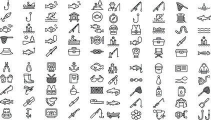 Fishing and angling outline icons set featuring fish hooks rods baits fisherman boats nets tackles equipment and outdoor hobby linear graphic design elements © Marfot