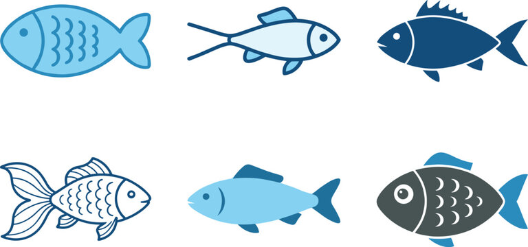 Fish icons set featuring colorful flat and outline illustrations of different sea fishes and goldfish for seafood market aquarium fishing and marine life graphic elements