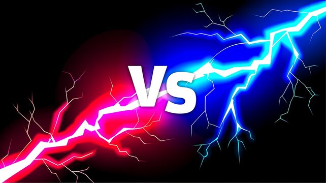Electric lightning bolts, red versus blue, Vs, comparison, energy contrast