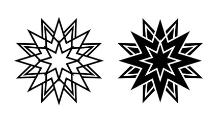 Geometric Star Designs: Two striking geometric star patterns, one outlined and one solid black, showcase intricate angular designs perfect for graphic overlays or decorative elements. © Md