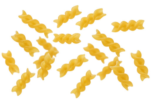 Uncooked golden yellow fusilli pasta with helical ridges, smooth texture, scattered dynamically and suspended over a transparent background with copy space, concept for premium food advertising