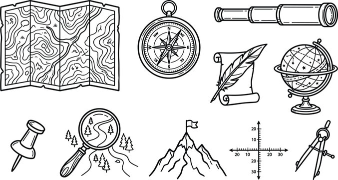 Vintage Geography and Exploration Navigation Elements Vector Set with Old Map Compass Spyglass Globe and Mountain Line Icons for Travel Designs