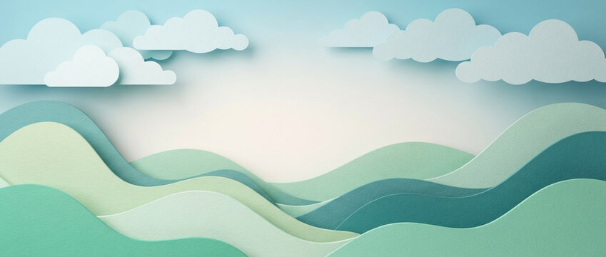 Paper cut style green hills with clouds, featuring layered pastel papercraft waves under a soft blue sky, perfect for eco-friendly banners, organic branding, and natural background templates