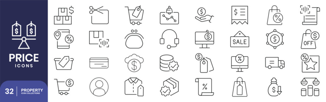 Price icon set. Containing product, price tag, cost, quotation, invoice, estimate, discount, and more. Editable line icons. Vector illustration.