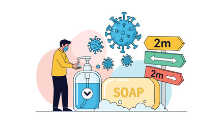 Naklejka premium Man wearing protective face mask washing hands with soap next to giant sanitizer bottle and social distancing signs.