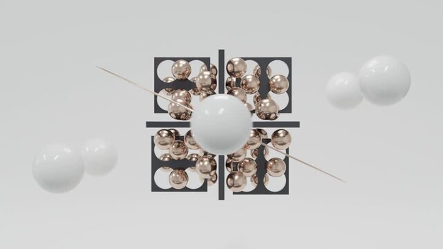 Abstract geometric animation featuring black planes, metallic gold balls and bright white minimal background, luxury 3D motion graphics, seamless premium digital composition
