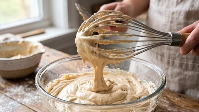 Slow motion close up of hands whisking creamy batter and pouring into glass bowl on rustic kitchen counter by window, warm morning cozy home baking scene