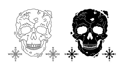 Skull and Compass Design: A striking illustration featuring a human skull presented in both outline and silhouette, accompanied by four directional compass rose symbols. © Md
