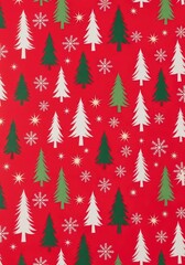 Obraz premium Festive holiday wrapping paper pattern featuring stylized evergreen trees, delicate white snowflakes, and golden stars on a red background, reindeer, creative, wrapping