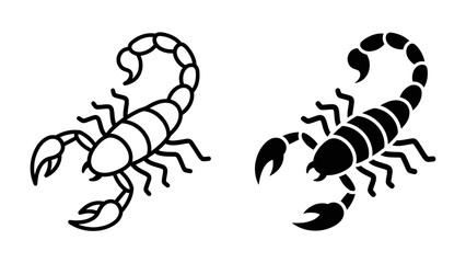 Scorpion Icon Duo: A striking graphic showcasing two stylized scorpion icons, one in outline and the other in solid black, representing strength and danger in a minimalist design. © Poi