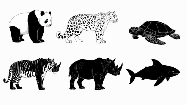 Diverse Animal Silhouettes: Panda, Leopard, Turtle, Tiger, Rhino, Shark