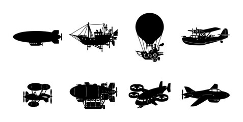 Steampunk Airships and Aircraft Silhouettes, Vintage Flying Machines Collection, Retro Aviation Vector Icons © Rifat