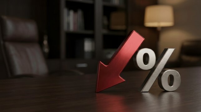 Falling Financial Trend Concept: Metallic Red Arrow and Silver Percentage Symbol on Wooden Office Desk