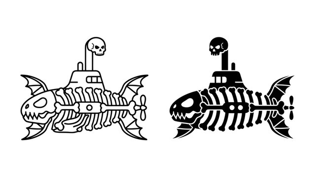 Scary Skeleton Submarine: A whimsical yet spooky illustration of a submarine designed as a fish skeleton, complete with bat-like fins and a skull-adorned periscope.
