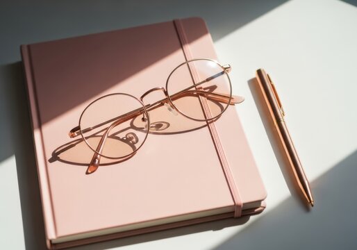 Stylish rose gold eyeglasses resting on a pink notebook with a matching pen