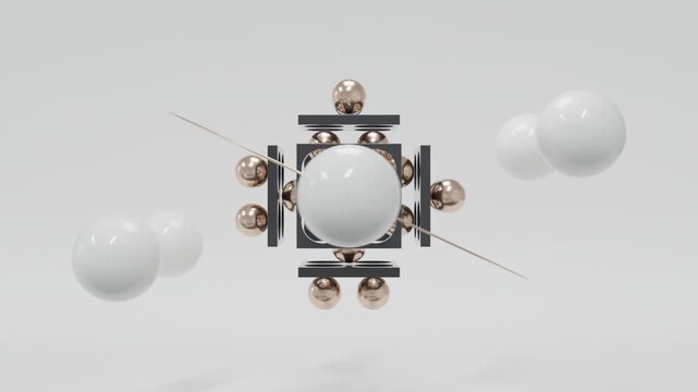 Minimal luxury abstract scene with floating black cube, golden geometric elements and white background, seamless 3D animation, elegant futuristic motion graphics