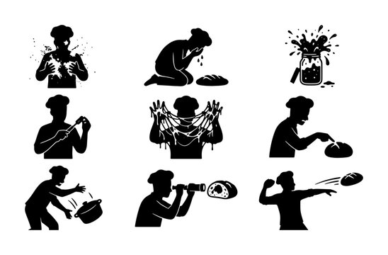 Chef Icon Set: Baking Mishaps and Culinary Fails, Vector Graphics for Food Service and Restaurant Concepts