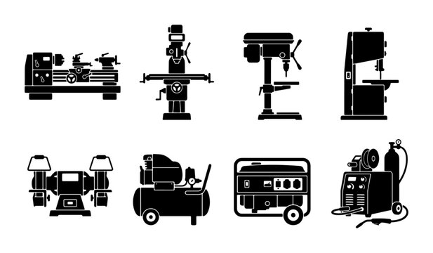 Industrial Machinery Icons Set: Lathe, Milling Machine, Drill Press, Bandsaw, Grinder, Air Compressor, Generator, Welder Vector Graphics for Manufacturing and Engineering