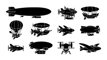 Steampunk Airships and Aircraft Collection, Retro Blimps and Zeppelins Vector Icons, Vintage Aviation Silhouettes for Fantasy and Sci-Fi Designs © siam