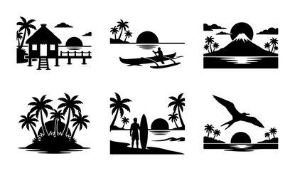 Tropical Island Silhouettes, Beach Scenes, and Exotic Landscapes: Vector Set for Travel and Vacation Graphics © siam