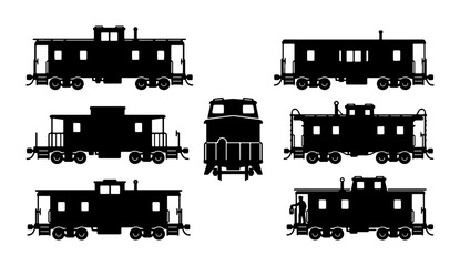 Vintage Train Caboose Silhouettes, Retro Railway Cars Collection, Classic Locomotive End Cars Set, Black and White Vector Graphics for Transportation Themes © siam