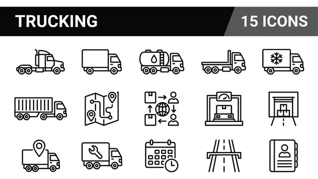 Trucking logistics line icons, 15 freight transport vector symbols, commercial shipping and delivery service set