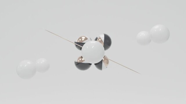 Premium 3D abstract motion graphics with golden central balls with black and white decorative geometry and clean white background, elegant seamless animation, modern luxury visual composition