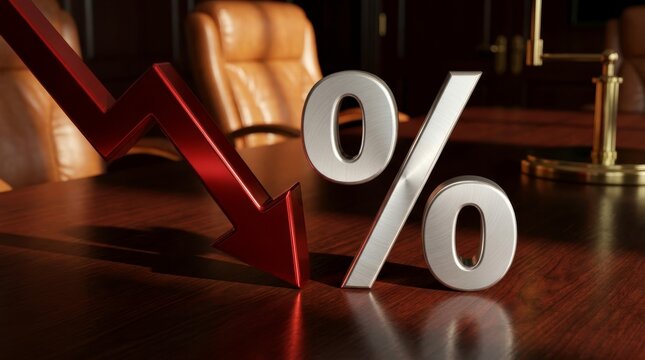 Falling Financial Trend Concept: Metallic Red Arrow and Silver Percentage Symbol on Wooden Office Desk