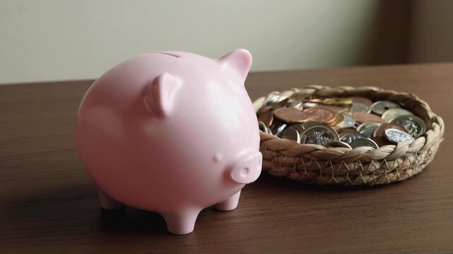 ブタの貯金箱にコインを入れる　貯金　貯蓄　節約　積立