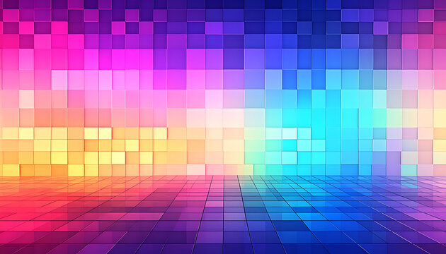 abstract background with colorful gradient squares forming a digital landscape, radiating light