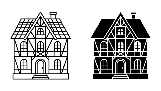 Half-timbered House Icon Set: Two stylized icons depicting a traditional half-timbered house, one in outline and the other in silhouette, showcasing classic European architectural style.