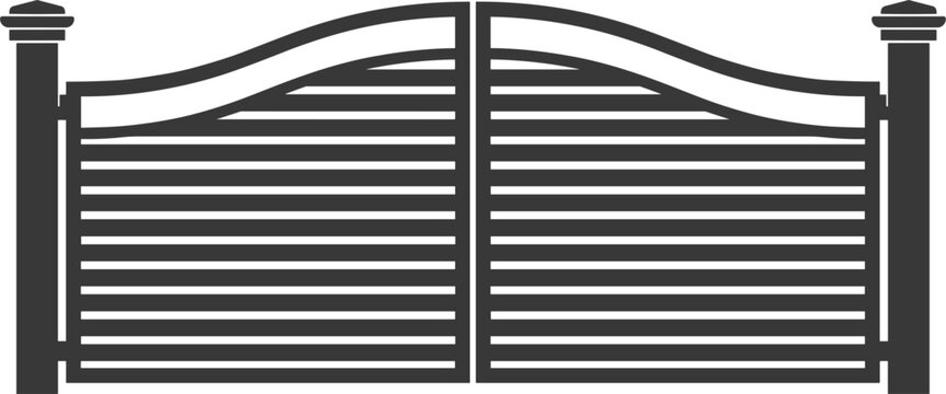 Modern driveway gate black silhouette icon arched metal entrance wooden automatic horizontal slatted fence vector illustration