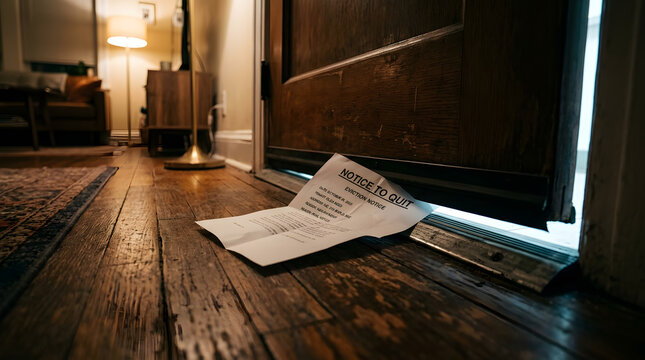 Eviction notice document slid under the door of a home | Housing crisis and financial hardship concept | Legal notice to quit paper on floor | Poverty and rental debt collection struggle