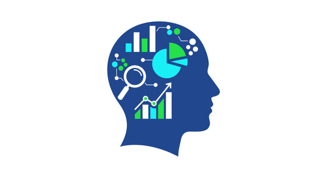 Human head profile with financial data and analytics charts.
