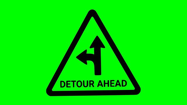 detour ahead warning traffic sign animation with solid black fill on a green screen chroma key background for video editing and seamless keying