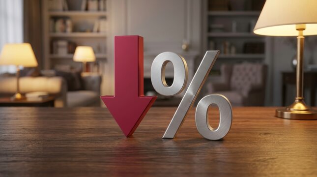 Falling Financial Trend Concept: Metallic Red Arrow and Silver Percentage Symbol on Wooden Office Desk