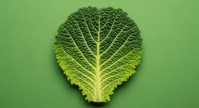 Single textured leaf of savoy cabbage showcased on a solid green background, highlighting intricate veins, organic patterns, and freshness, dietary, overhead, monochromatic