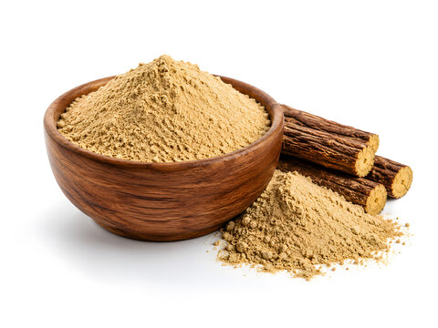 A wooden bowl filled with fine mulethi powder next to dried licorice root sticks on a white background, representing natural herbal wellness.