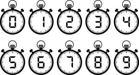 Fototapeta premium Mechanical Stopwatch Icon Set with Digital Seven Segment Numbers Zero to Nine for Countdown Timers, Sports Track Competitions, and Deadline Management Interface Designs